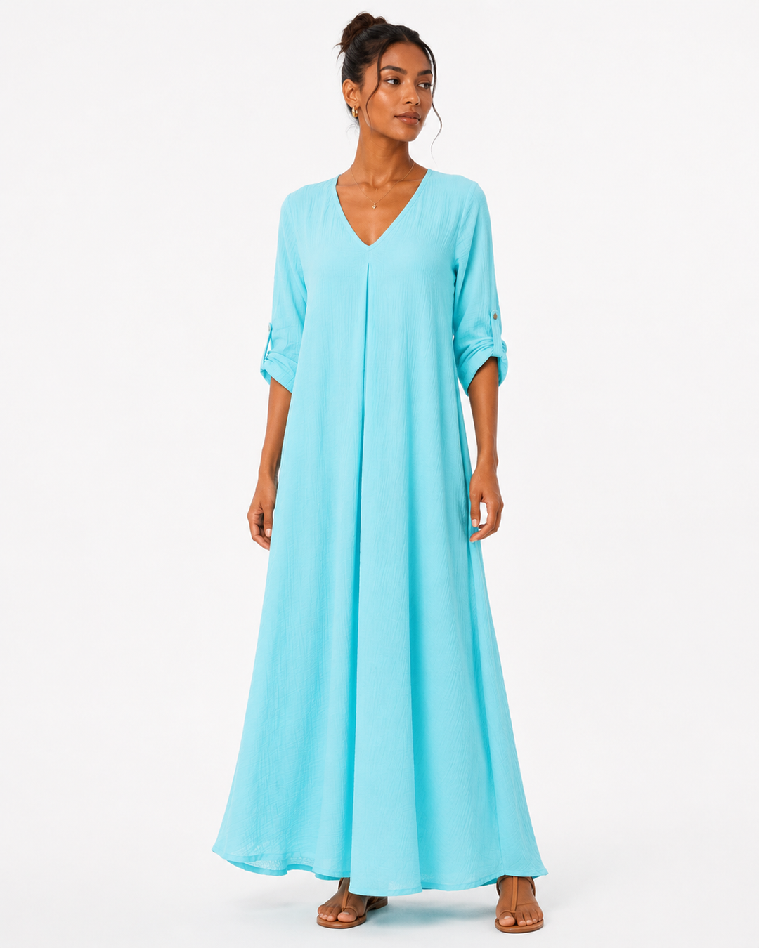 Sahara Roll-Tab Sleeve Muslin Maxi Dress