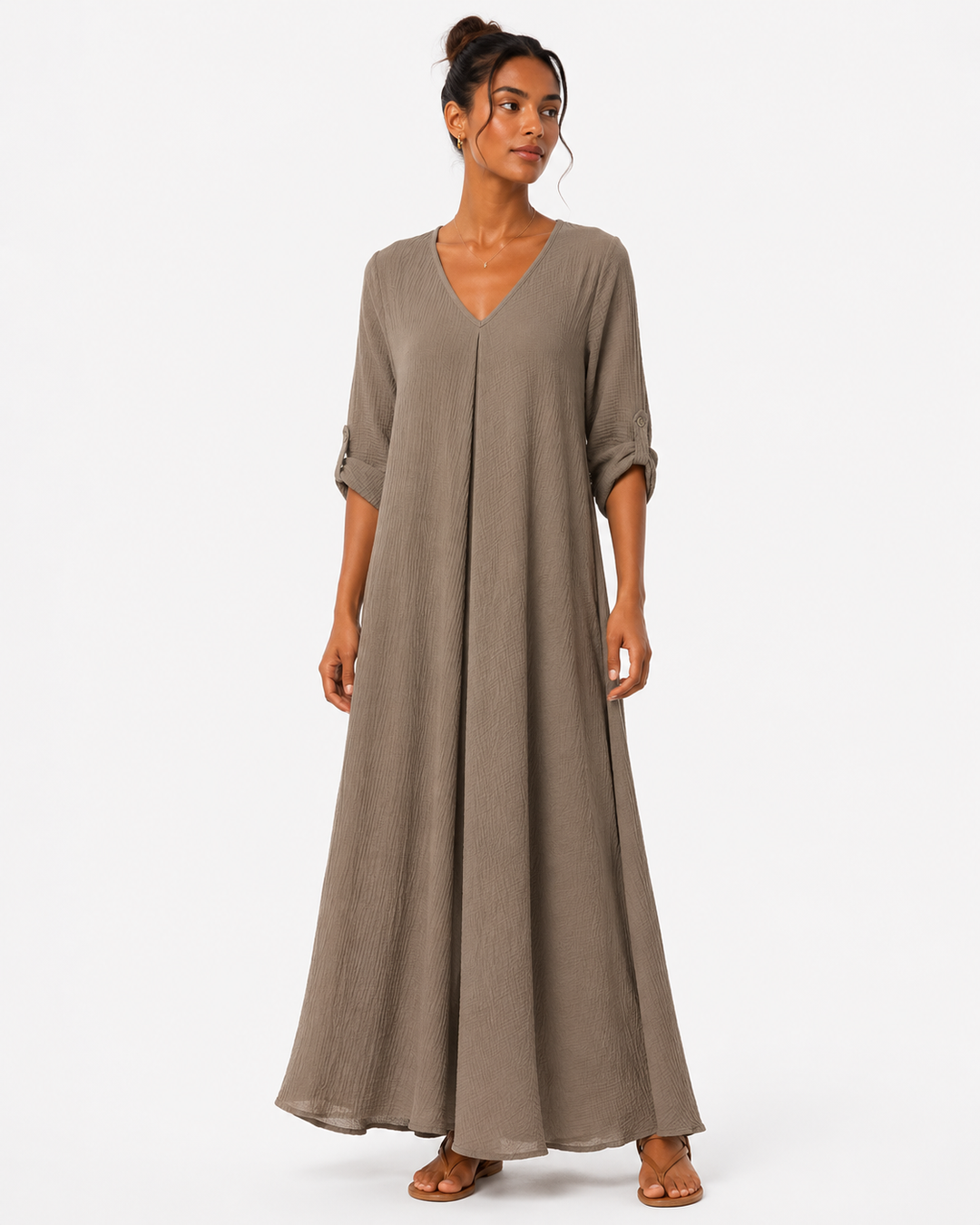 Sahara Roll-Tab Sleeve Muslin Maxi Dress