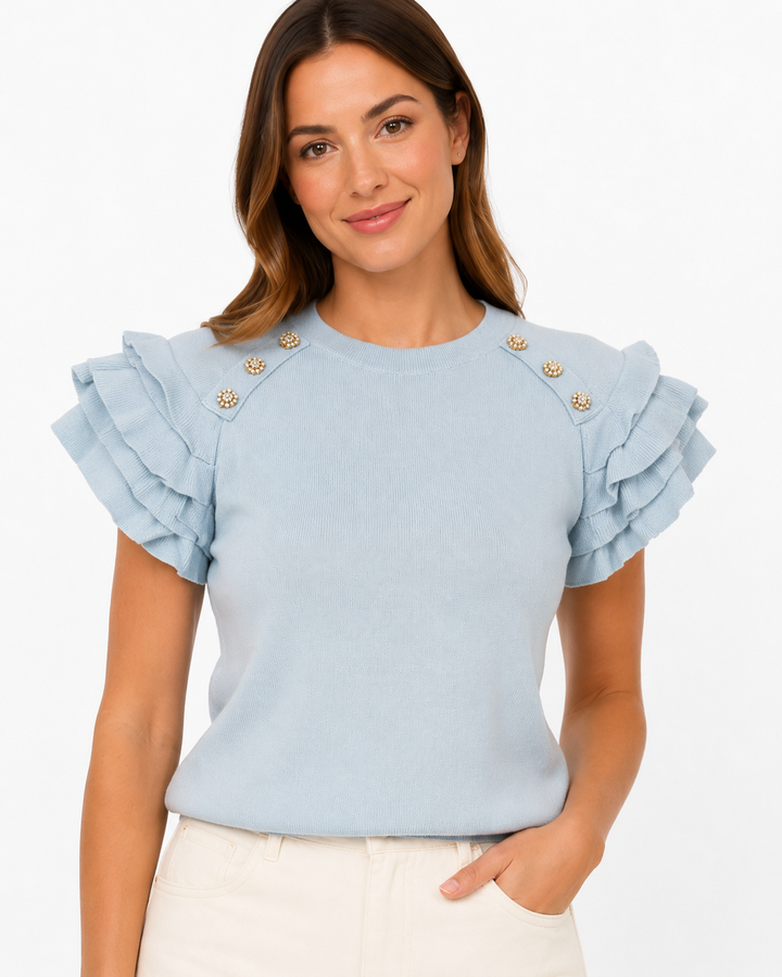 Pearl Button Ruffle Sleeve Knit Top