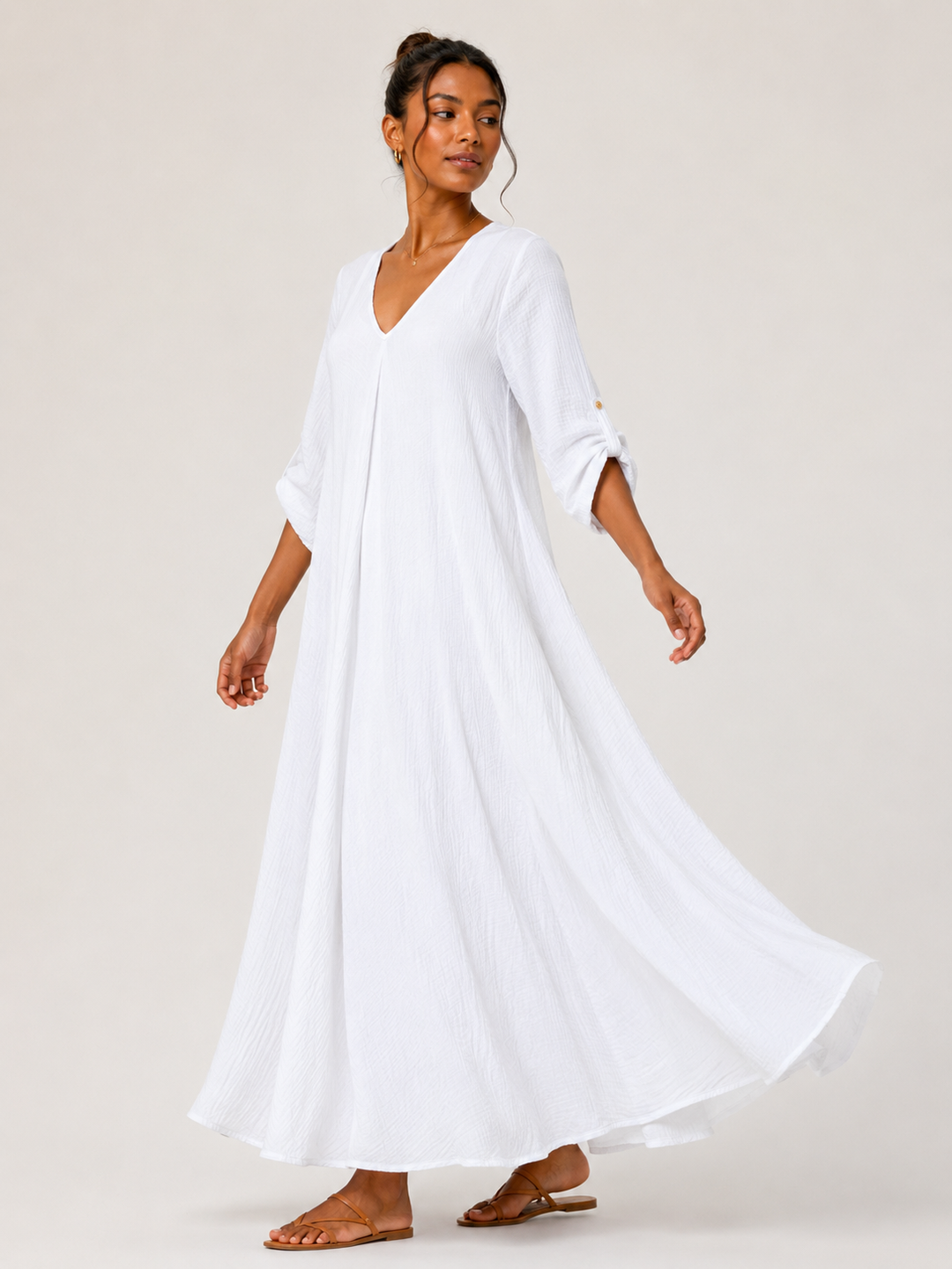 Sahara Roll-Tab Sleeve Muslin Maxi Dress