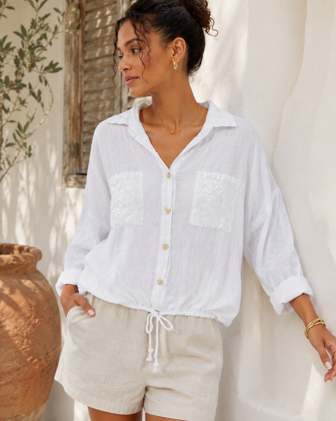 Doreen Sequin Pocket Linen Shirt