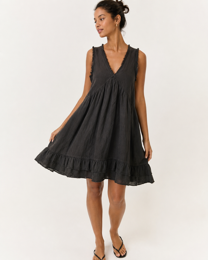 Frayed-Edge Linen V-Neck Dress