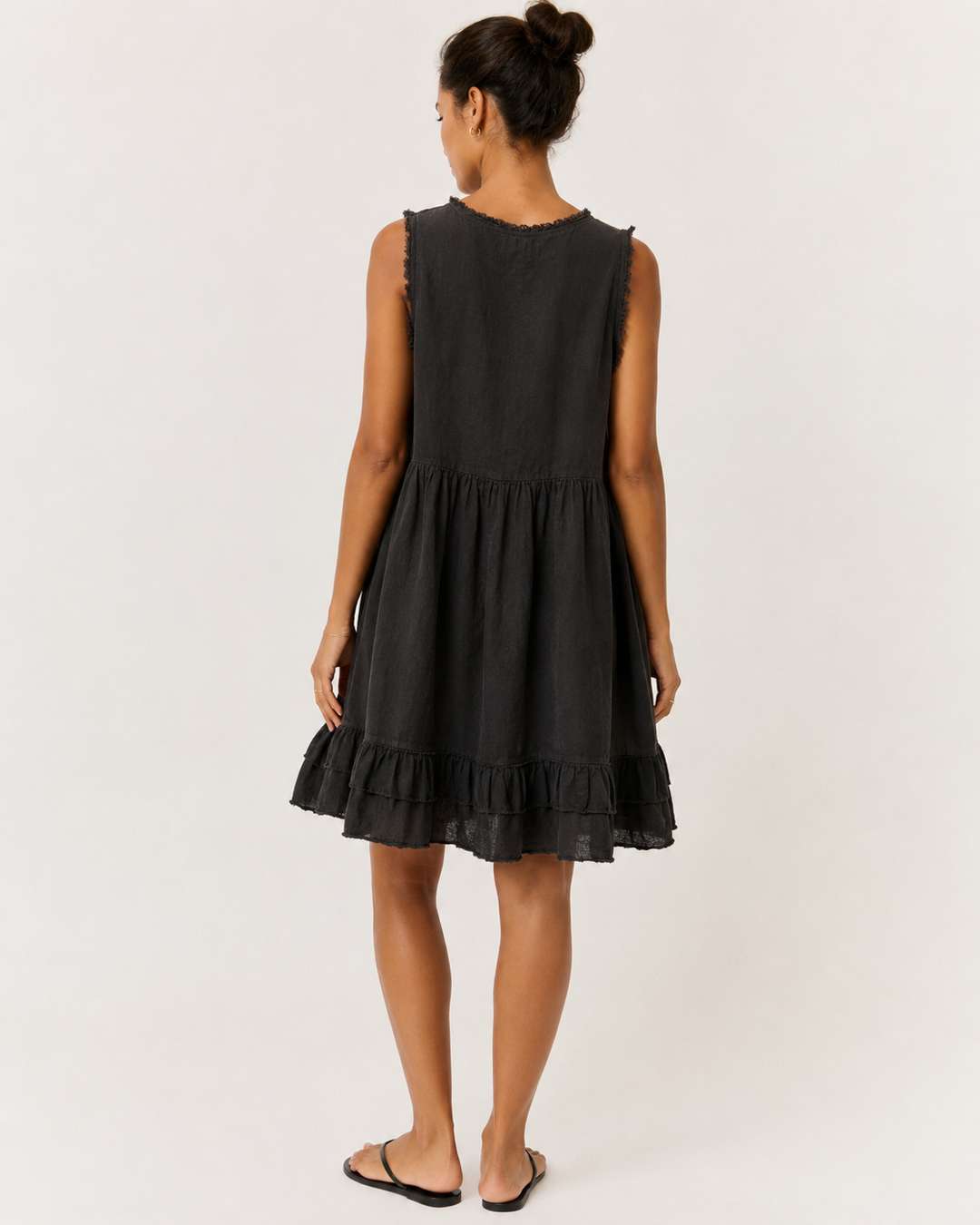Frayed-Edge Linen V-Neck Dress