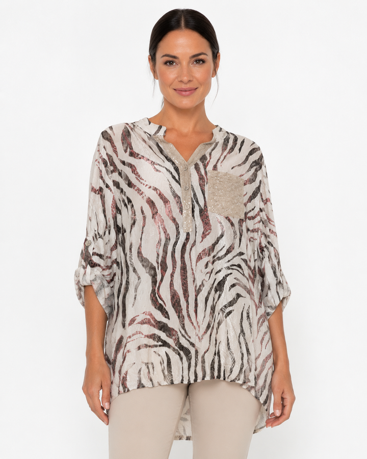 Zebra Print Mandarin Collar Shirt