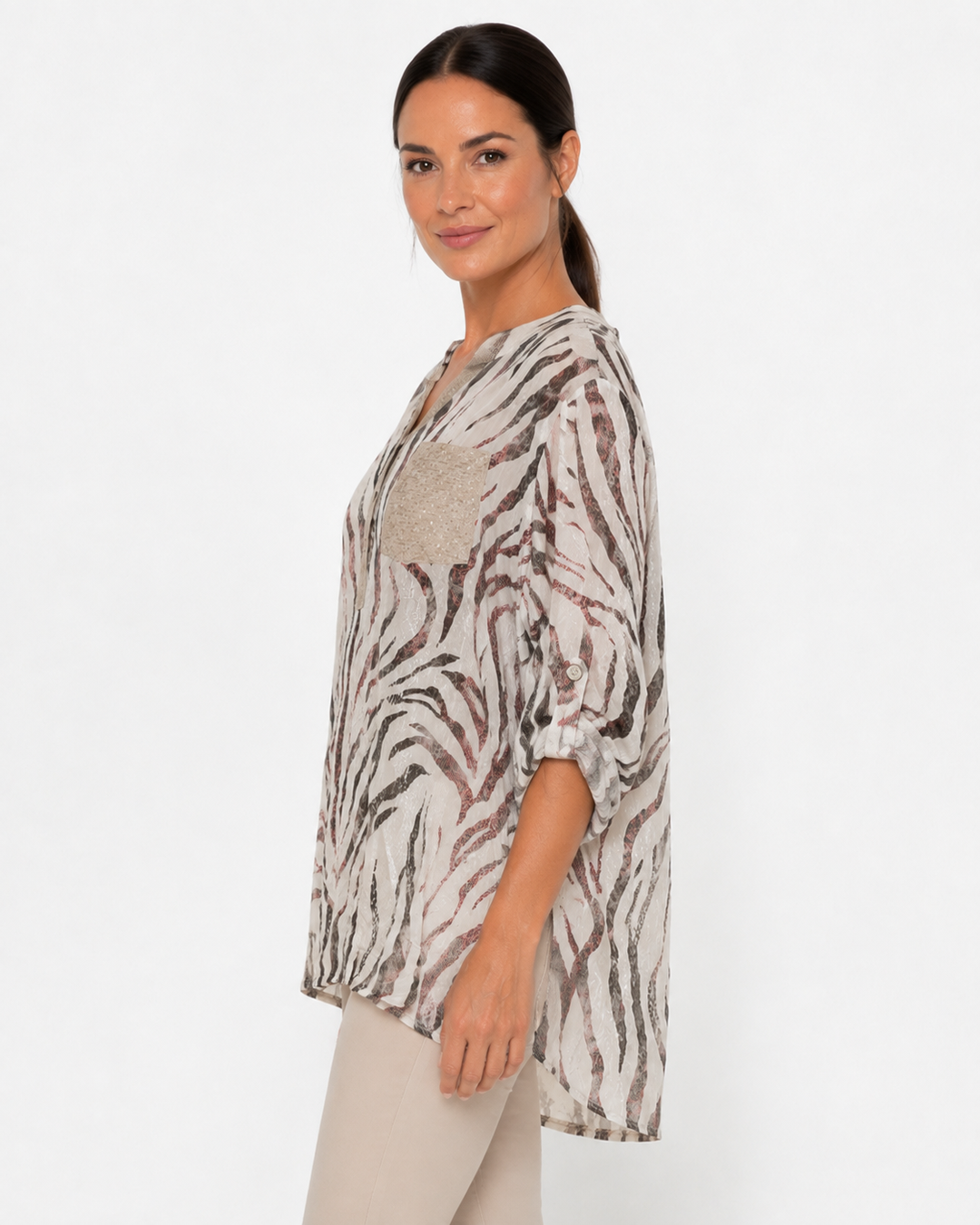 Zebra Print Mandarin Collar Shirt