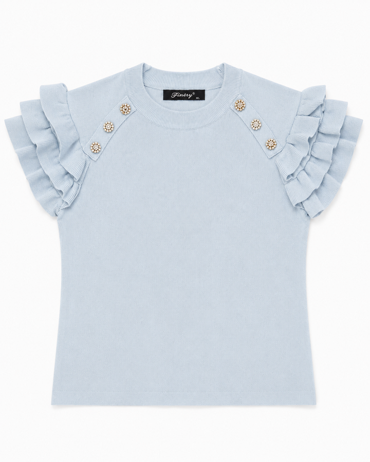 Pearl Button Ruffle Sleeve Knit Top