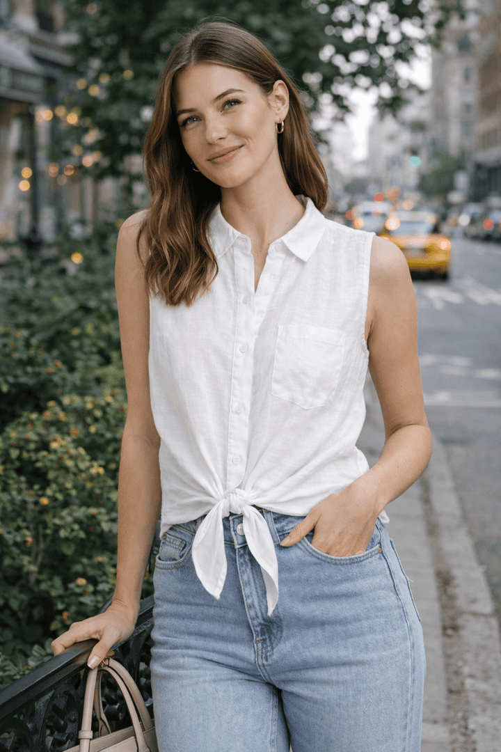 Abela sleeveless Linen Shirt with tie - Knot - Must Boutique