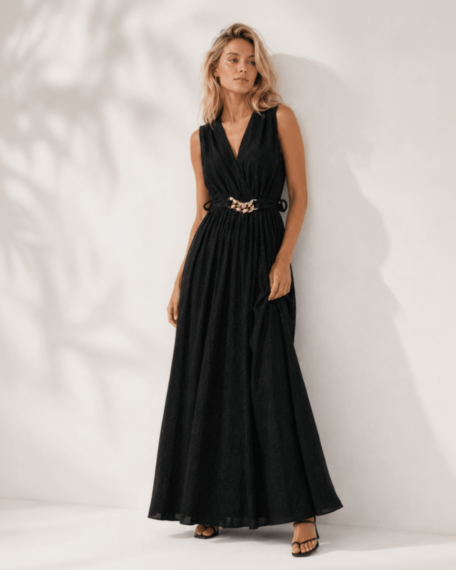 Black Waist - Tie Maxi Dress with Gold Chain Detail - Must Boutique