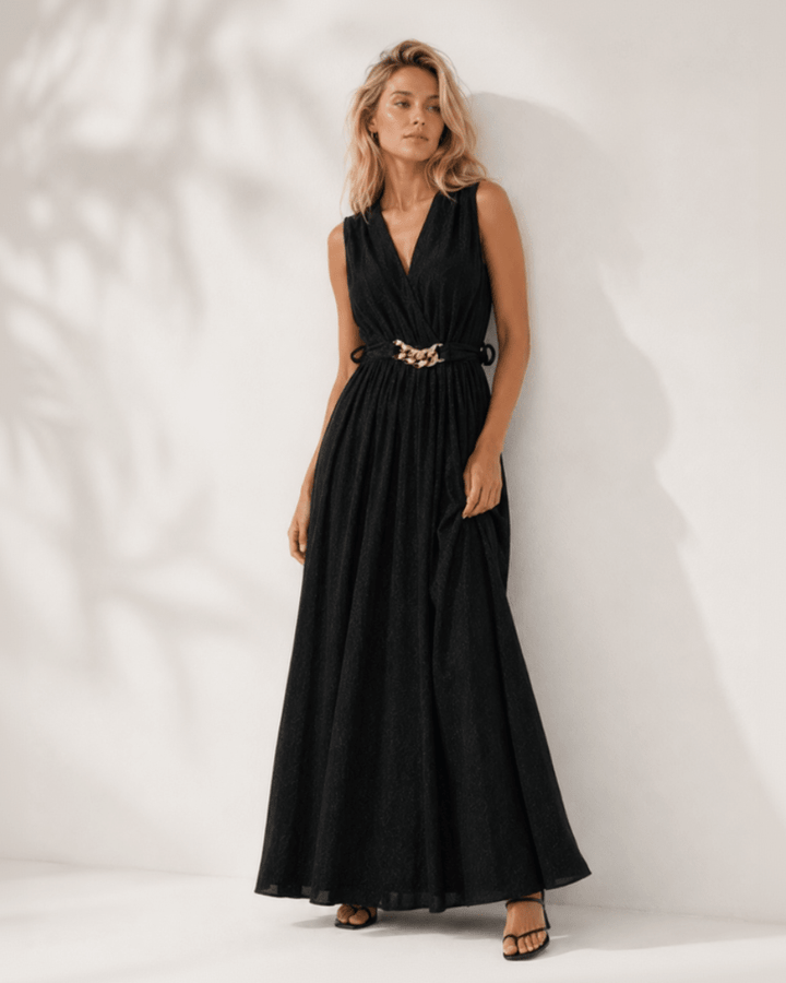 Black Waist - Tie Maxi Dress with Gold Chain Detail - Must Boutique