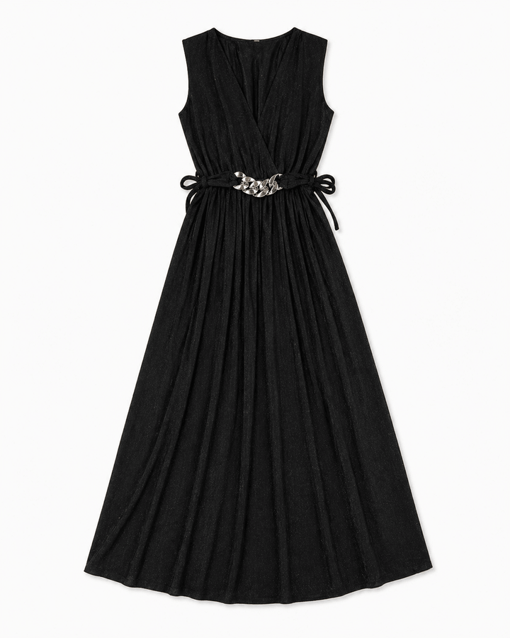 Black Waist - Tie Maxi Dress with Gold Chain Detail - Must Boutique