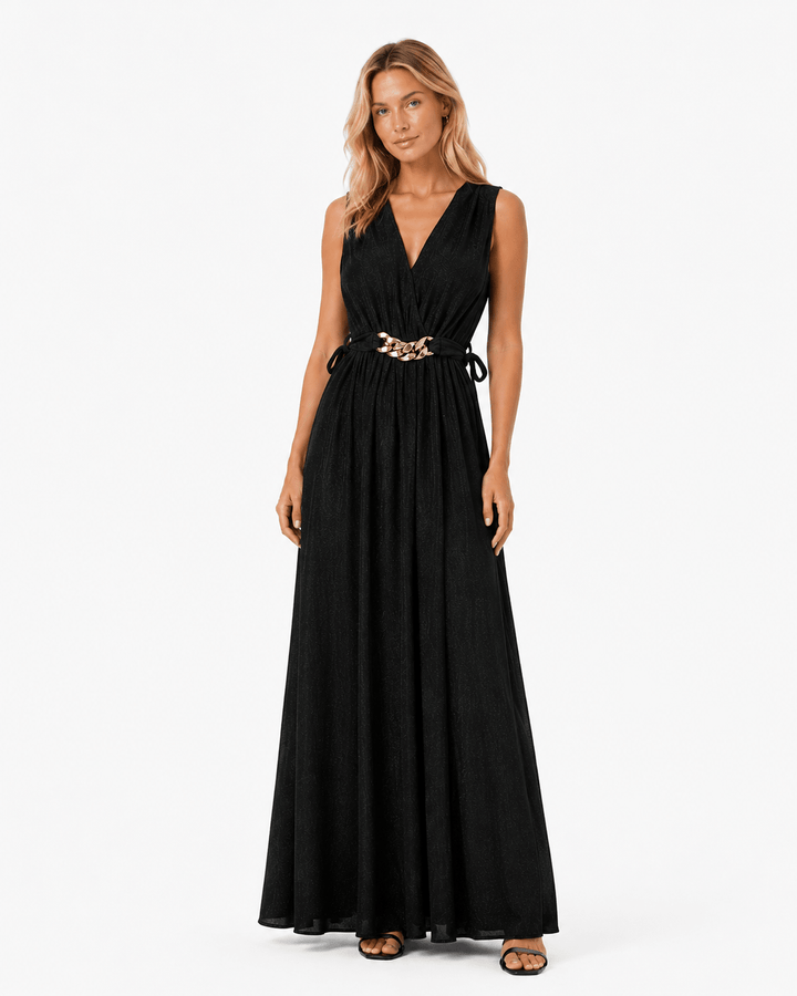 Black Waist - Tie Maxi Dress with Gold Chain Detail - Must Boutique