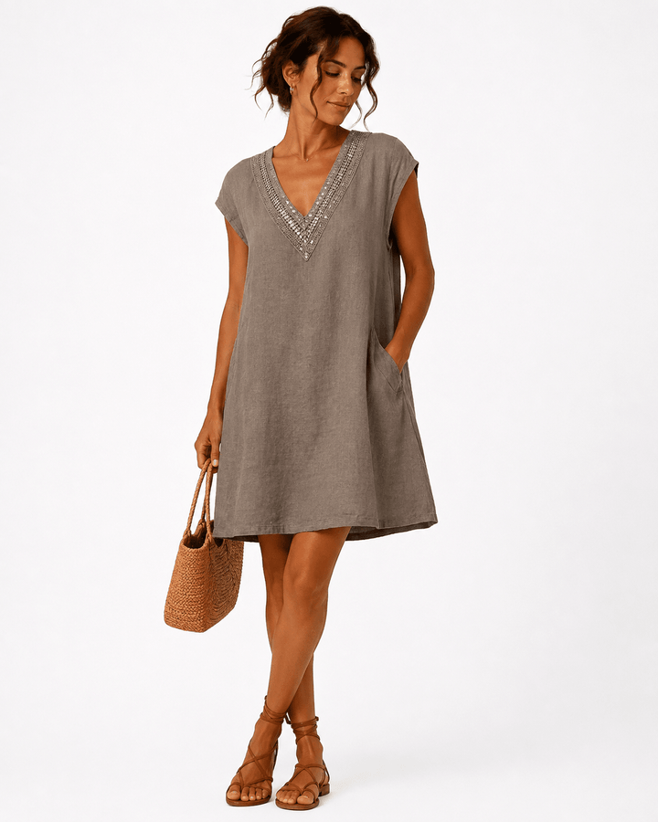 Celeste Embroidered Linen Dress - Must Boutique
