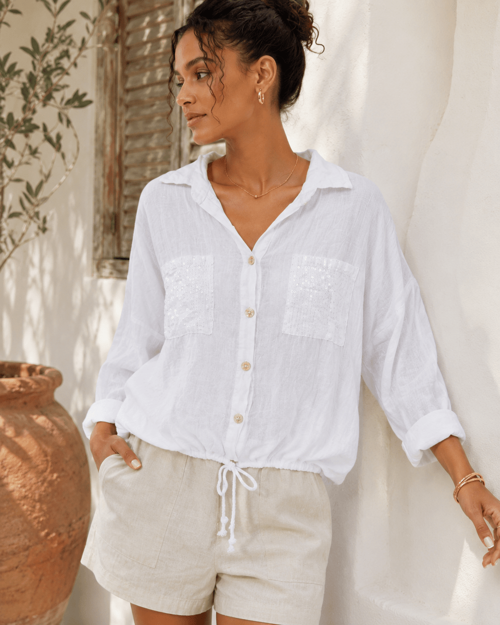 Doreen Sequin Pocket Linen Shirt - Must Boutique