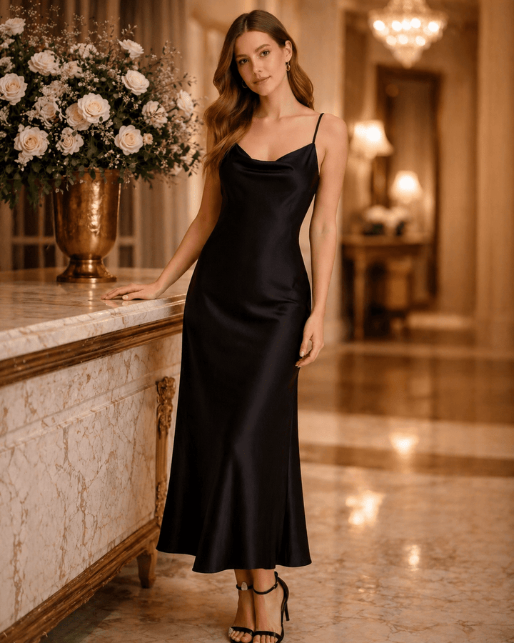 Elegant Black Satin A-Line Dress - Must Boutique