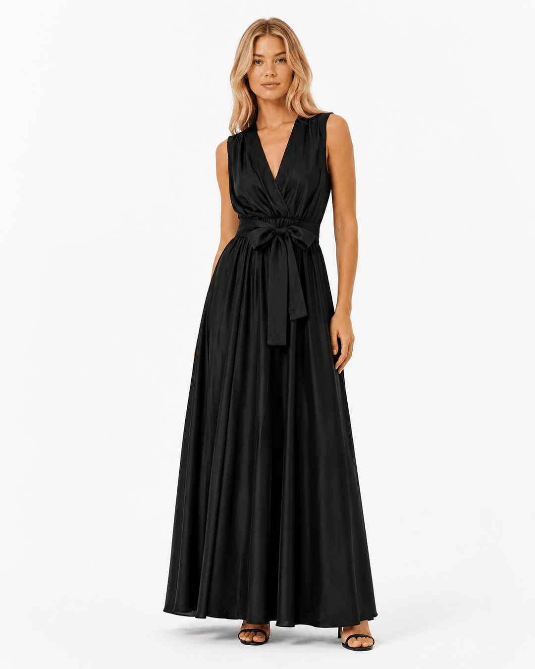 Elegant Black Wrap Maxi Dress with Belt - Must Boutique