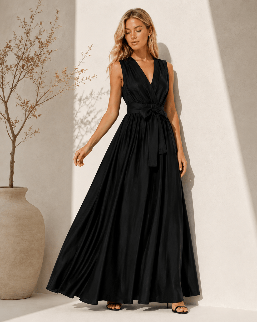 Elegant Black Wrap Maxi Dress with Belt - Must Boutique