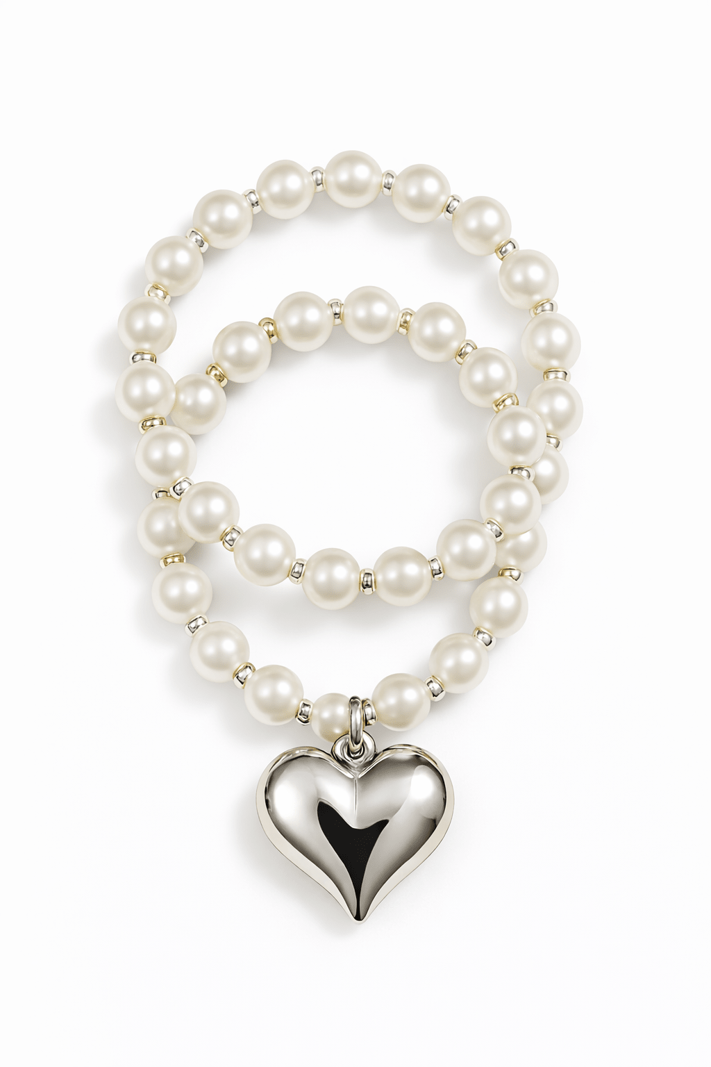 Elegant Double Pearl Bracelet Set with Silver Heart Charm - Must Boutique