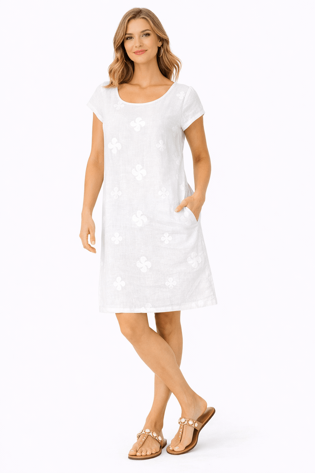 Embroidered Linen Blend Shift Dress - Must Boutique