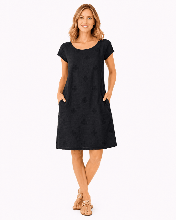 Embroidered Linen Blend Shift Dress - Must Boutique