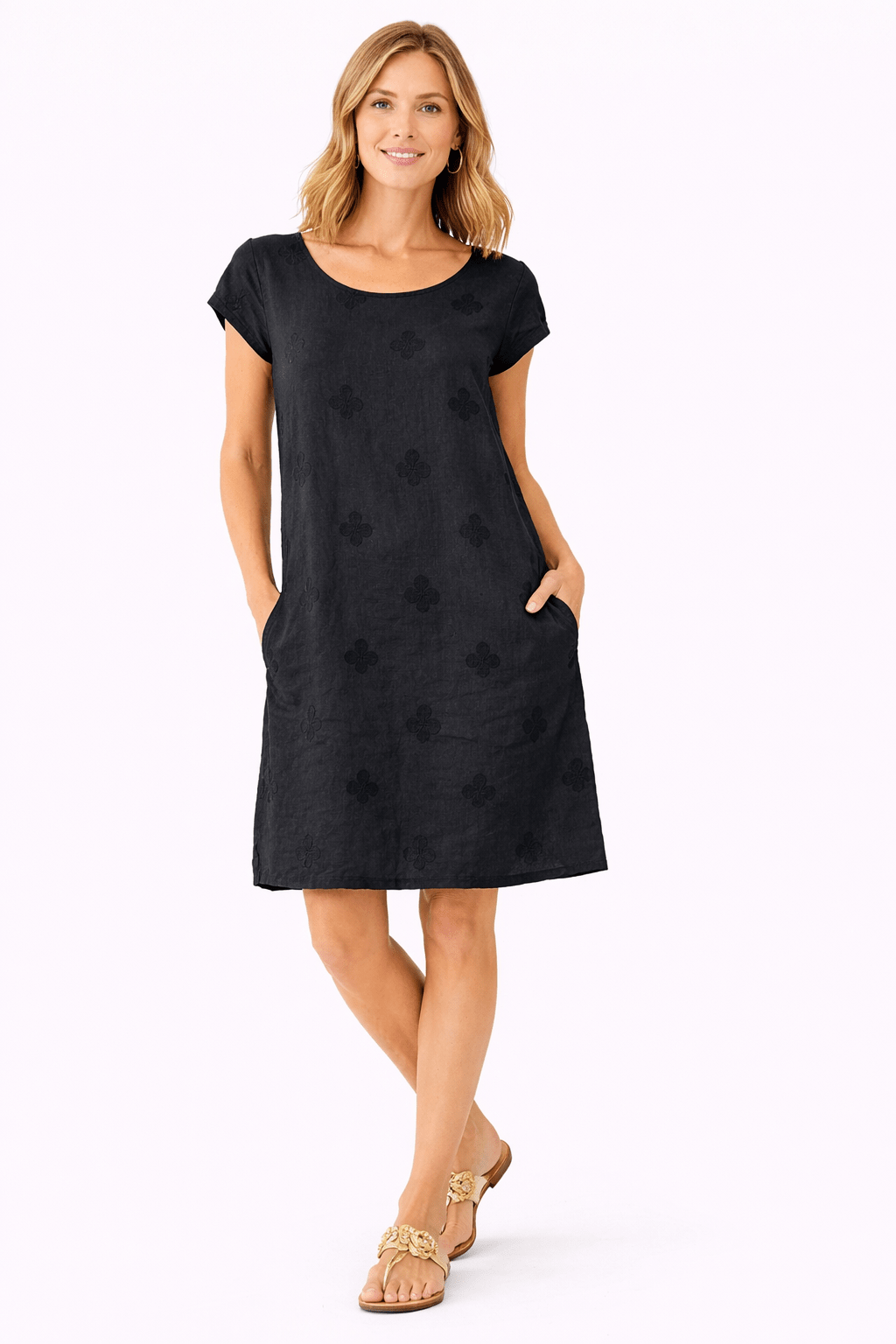 Embroidered Linen Blend Shift Dress - Must Boutique