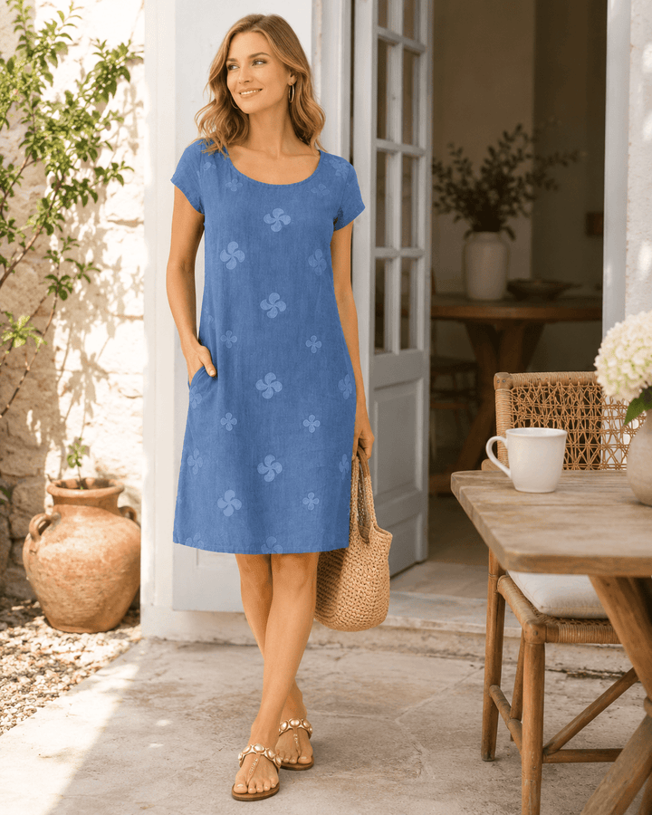 Embroidered Linen Blend Shift Dress - Must Boutique
