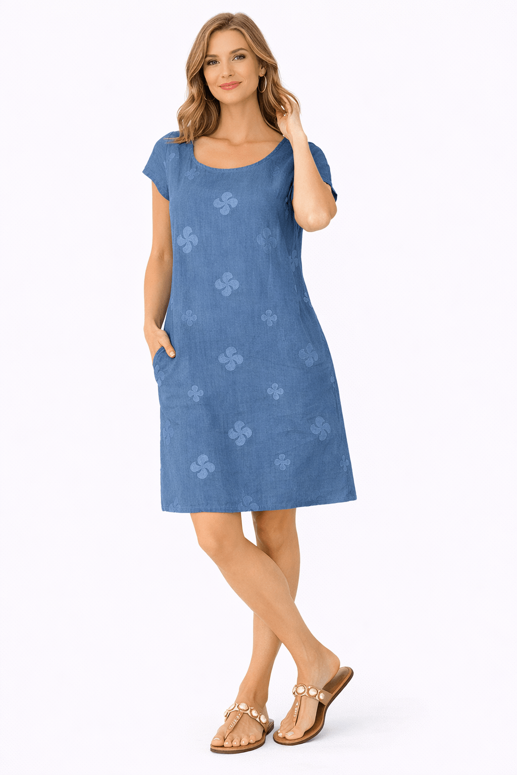 Embroidered Linen Blend Shift Dress - Must Boutique