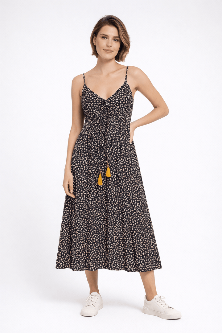 Floral Print Maxi Dress with Tassel Detail - Must Boutique