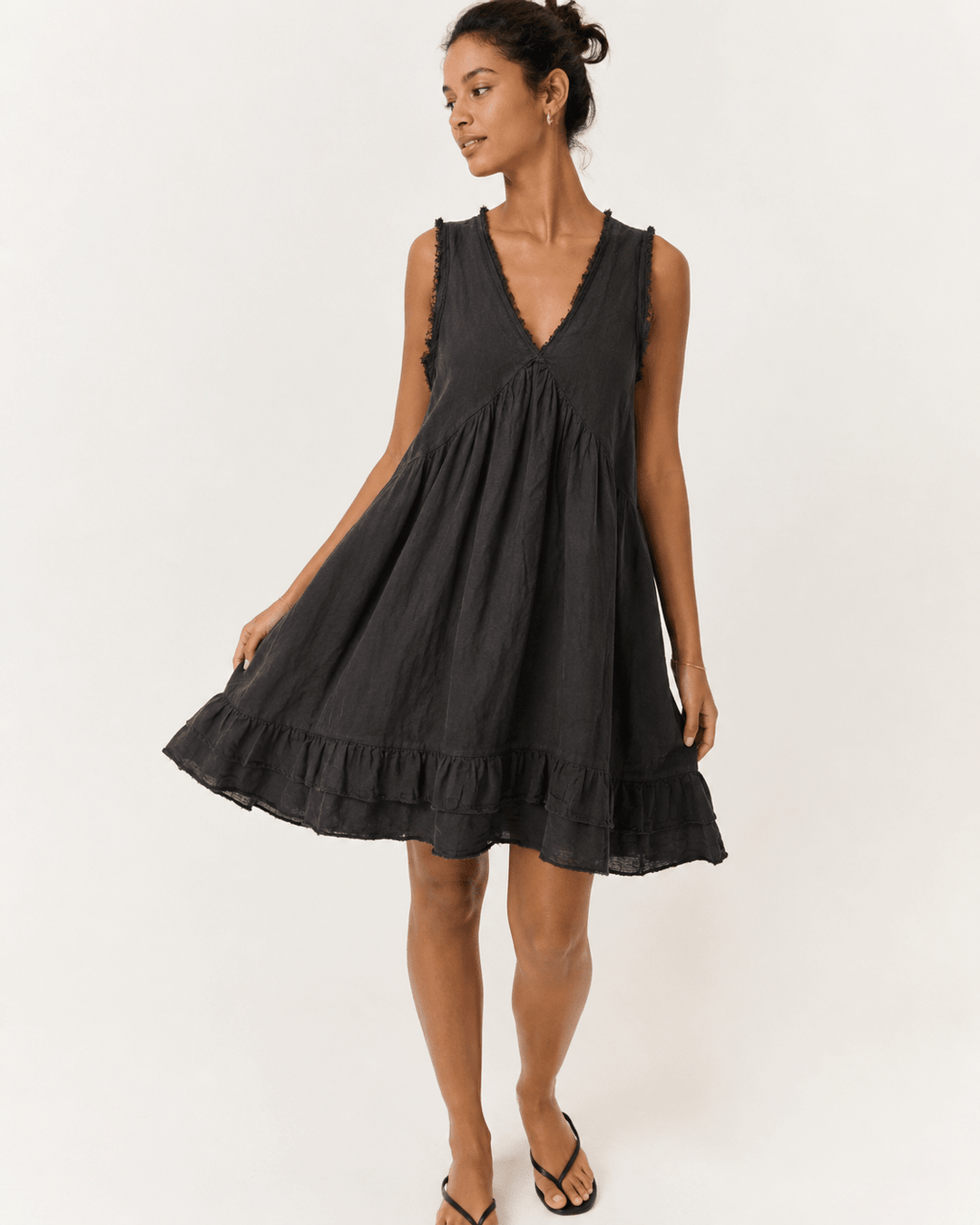 Frayed-Edge Linen V-Neck Dress - Must Boutique