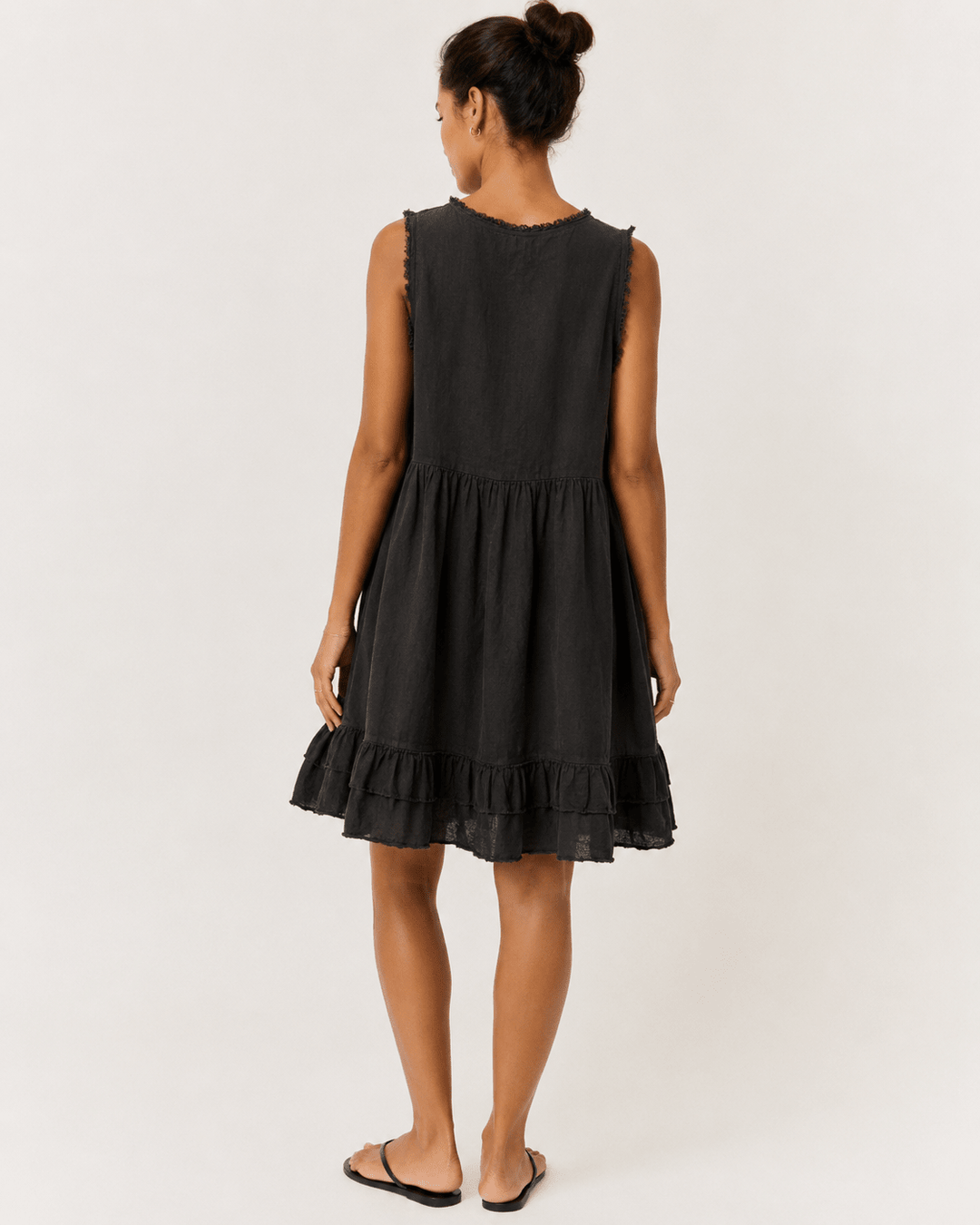 Frayed-Edge Linen V-Neck Dress - Must Boutique