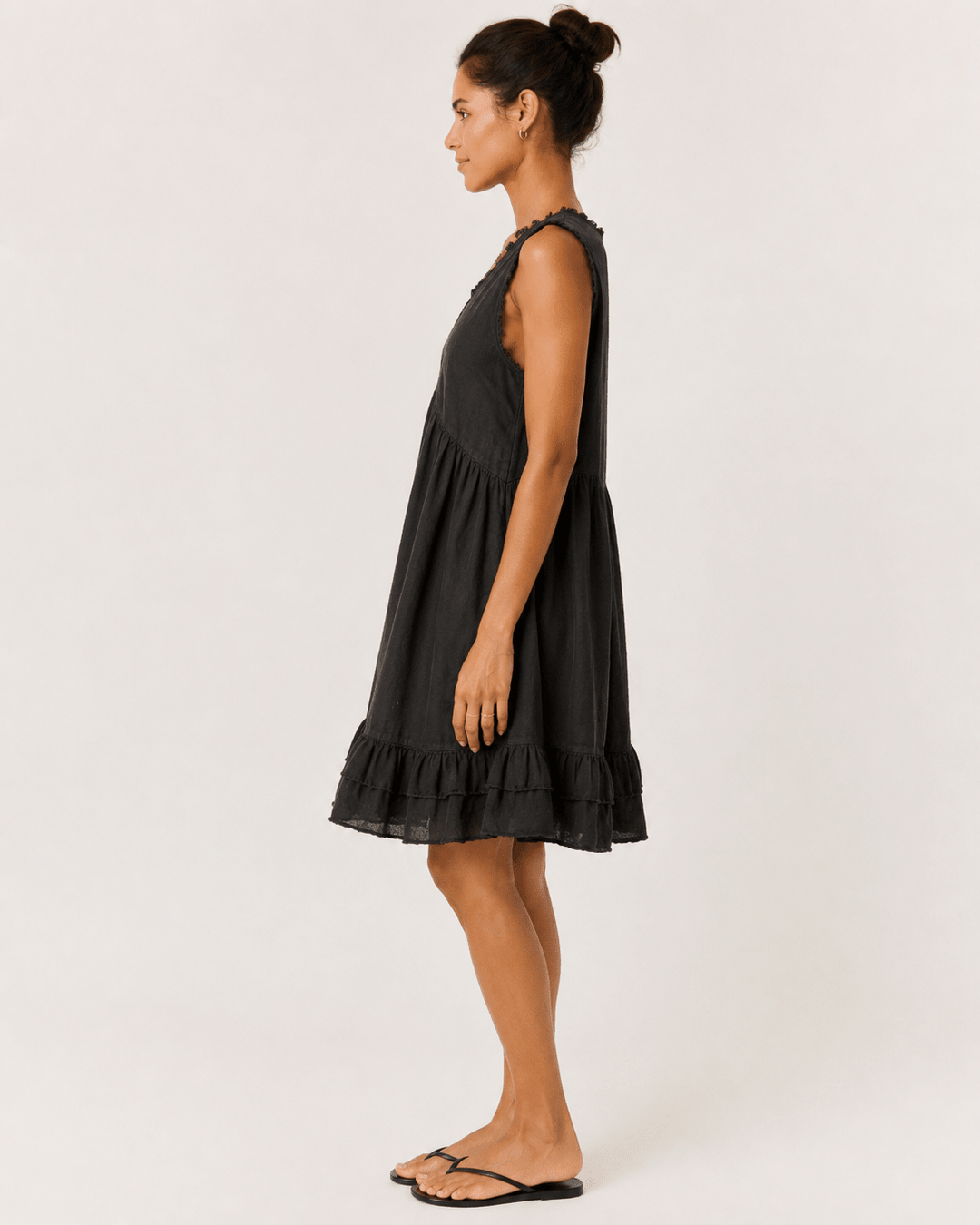 Frayed-Edge Linen V-Neck Dress - Must Boutique