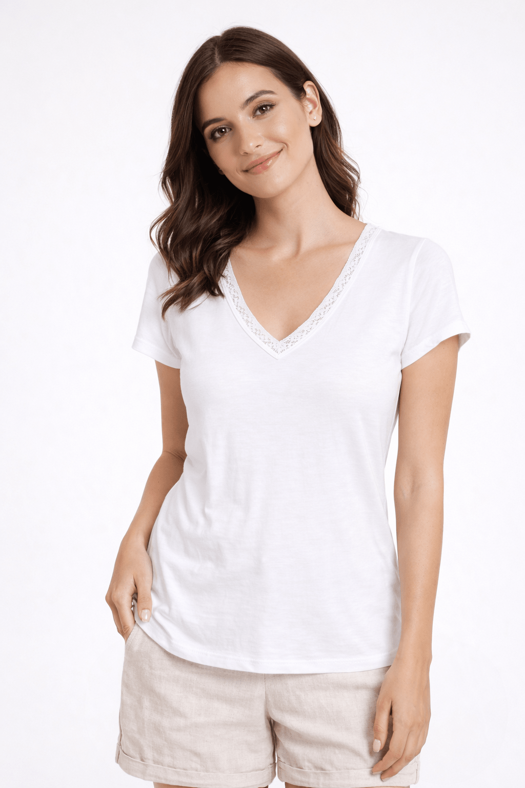 Lace Trim V - Neck Essential Tee - Must Boutique