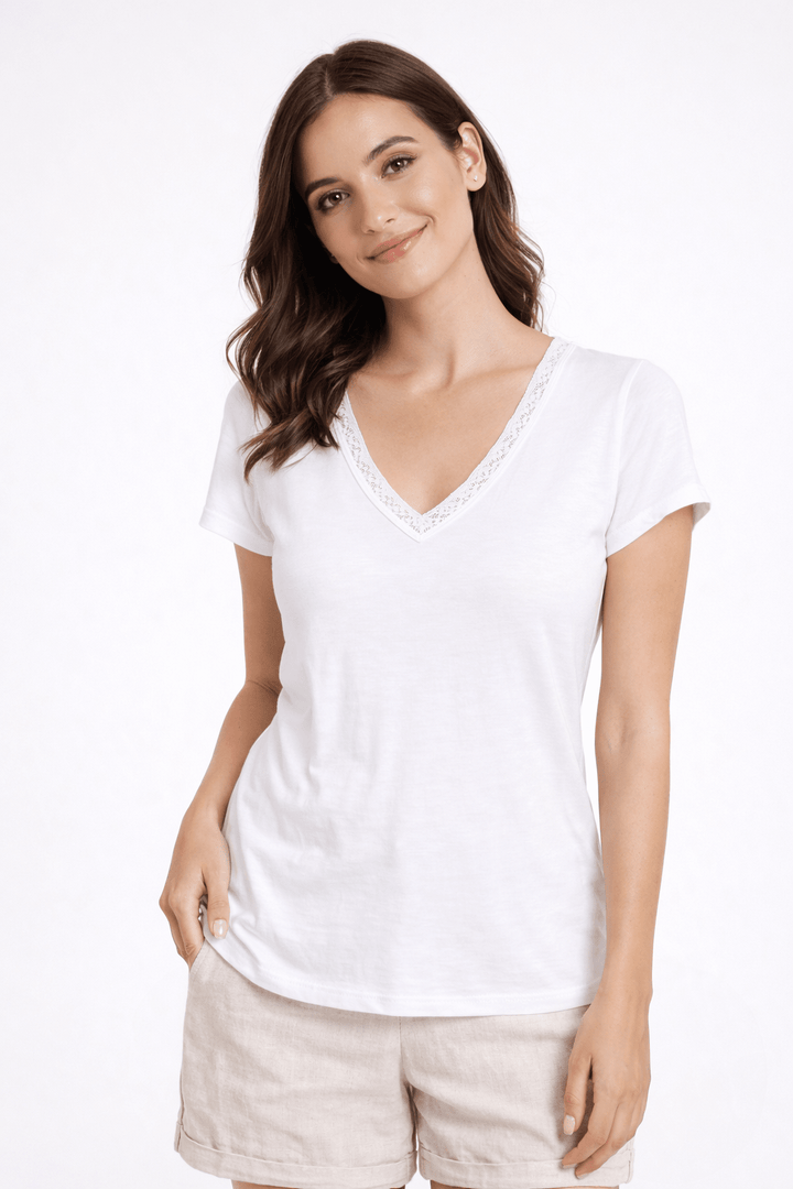 Lace Trim V - Neck Essential Tee - Must Boutique