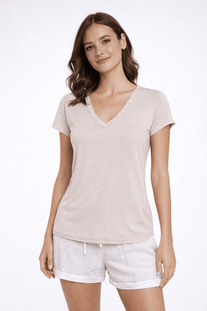 Lace Trim V - Neck Essential Tee - Must Boutique
