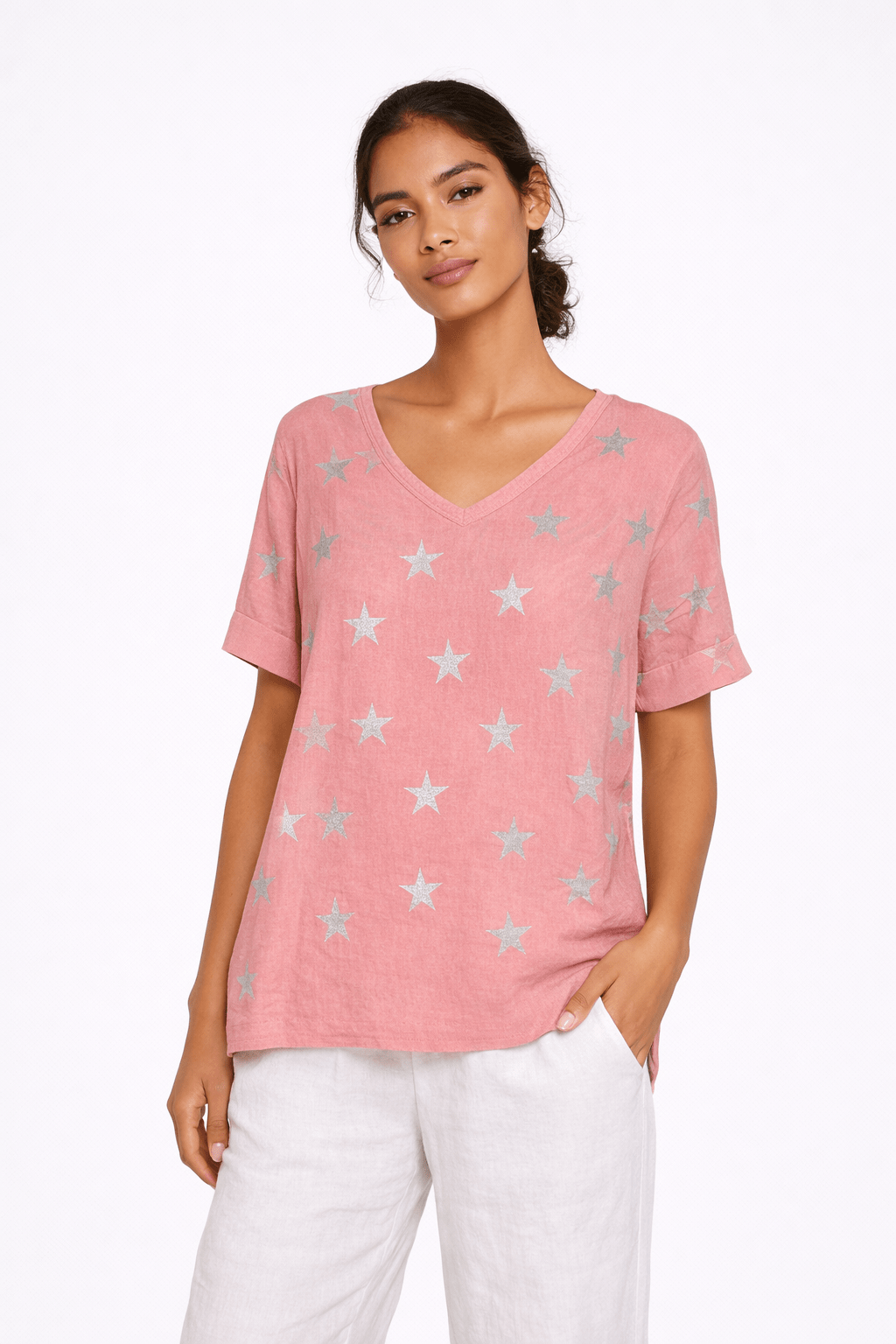 Linen Star V - Neck Top - Must Boutique