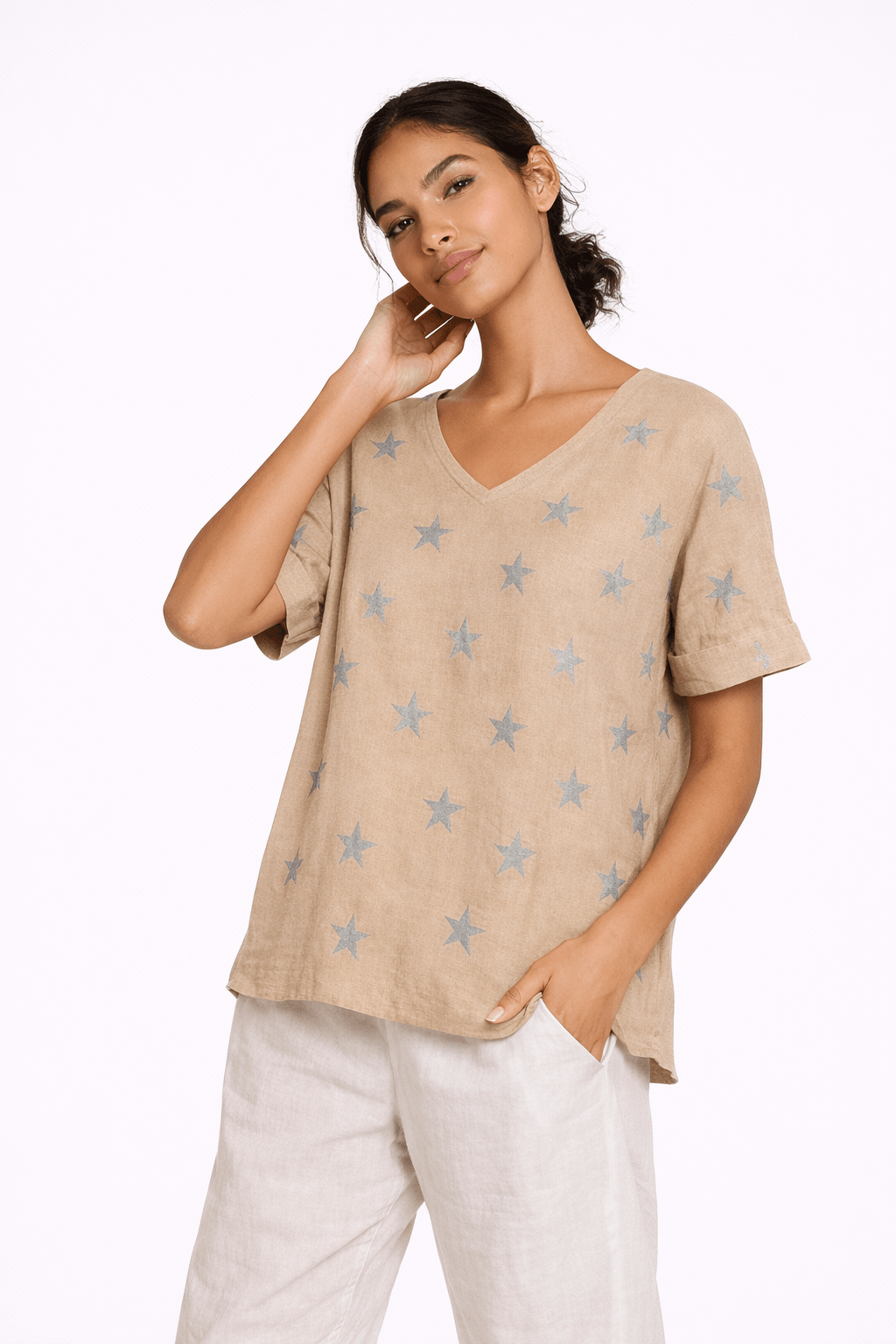 Linen Star V - Neck Top - Must Boutique