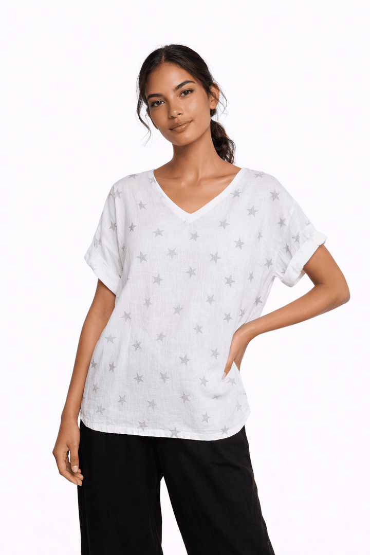 Linen Star V - Neck Top - Must Boutique