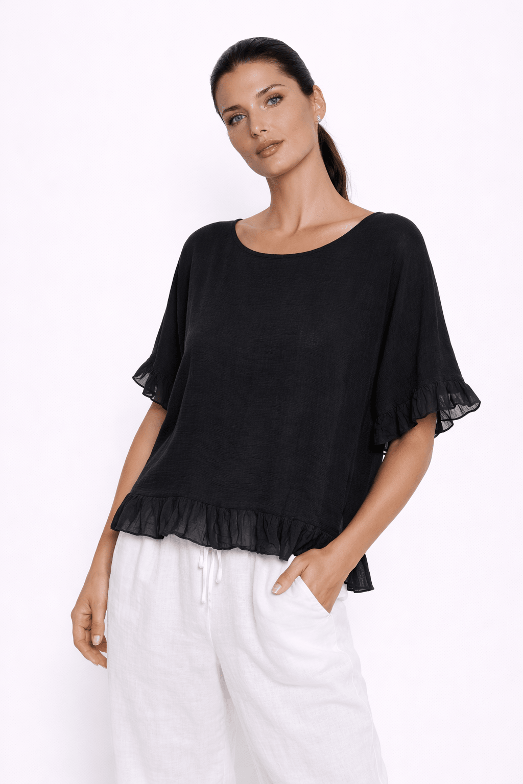 Lola Linen Top with ruffle detail - Must Boutique