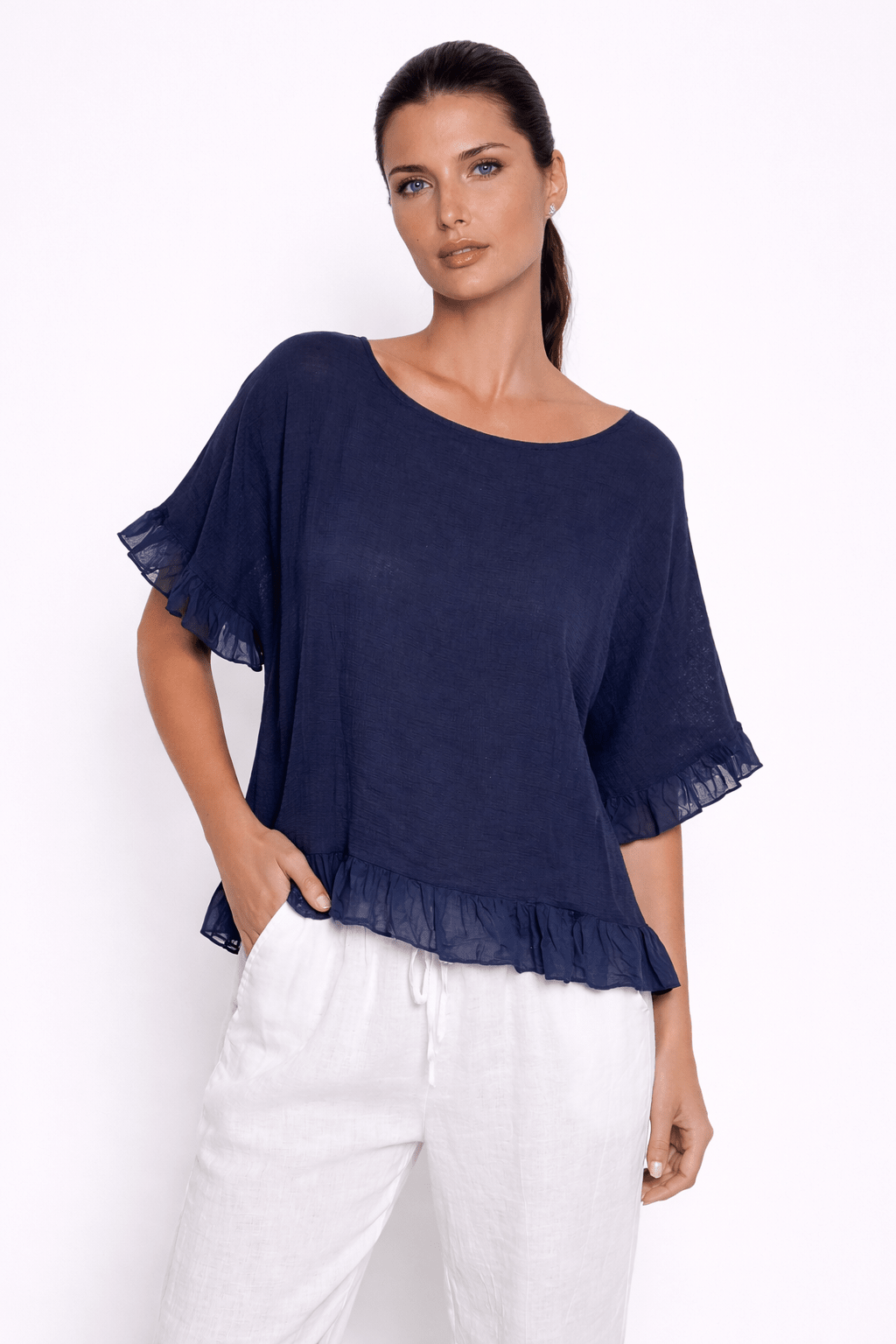 Lola Linen Top with ruffle detail - Must Boutique