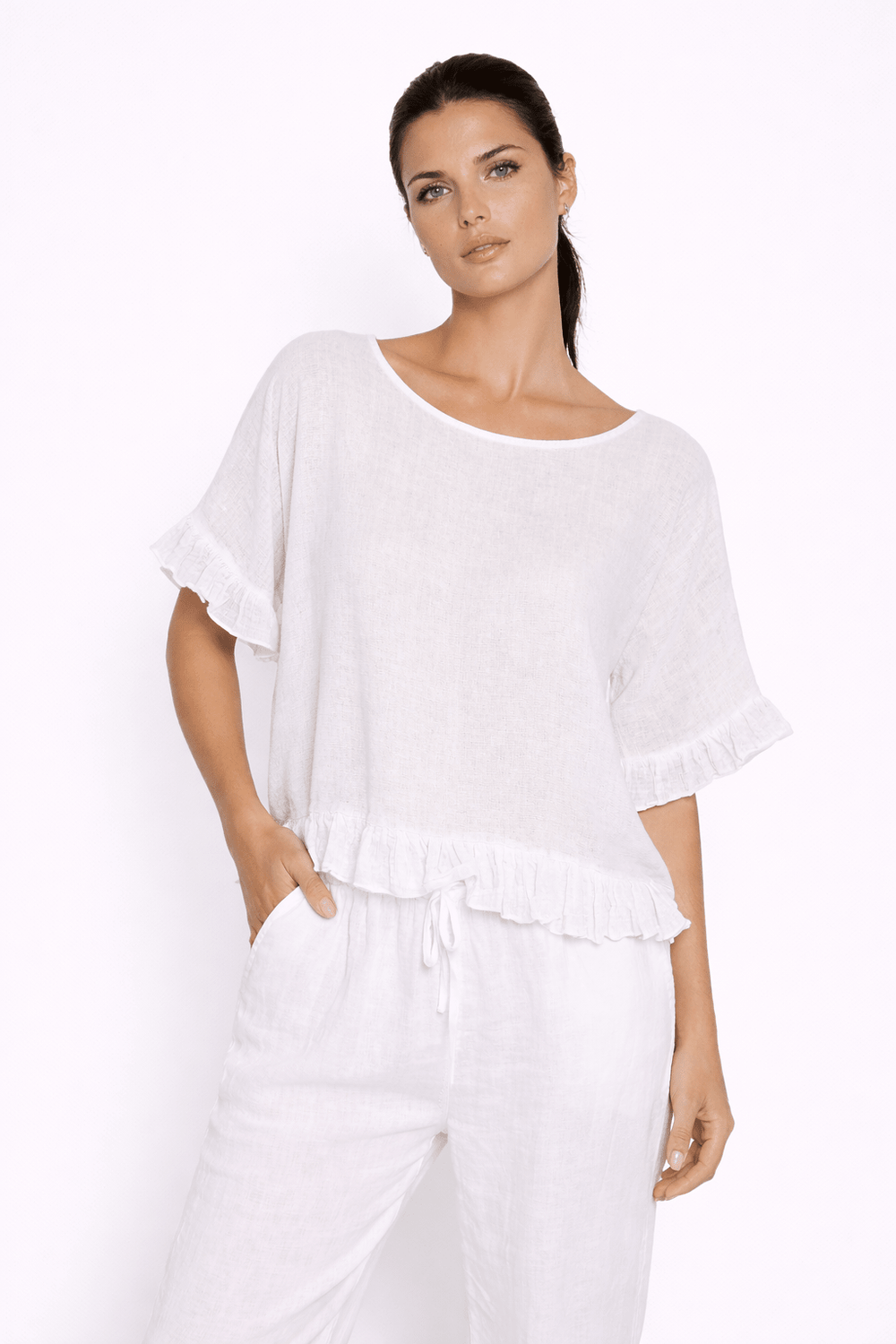 Lola Linen Top with ruffle detail - Must Boutique