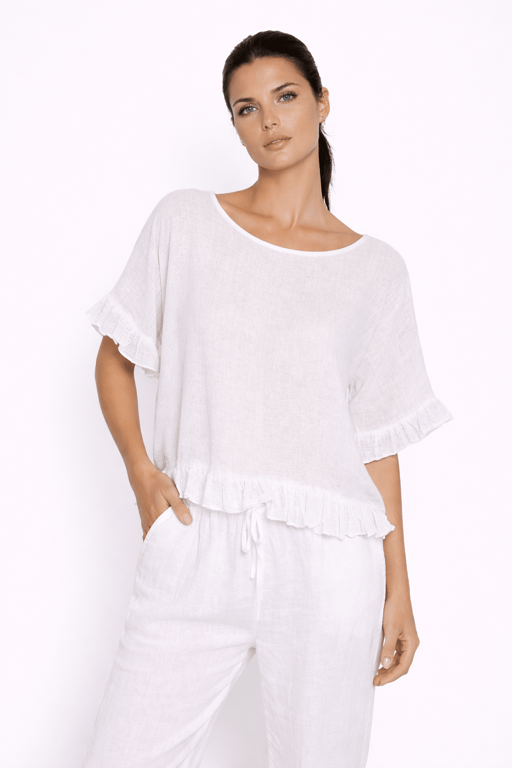 Lola Linen Top with ruffle detail - Must Boutique