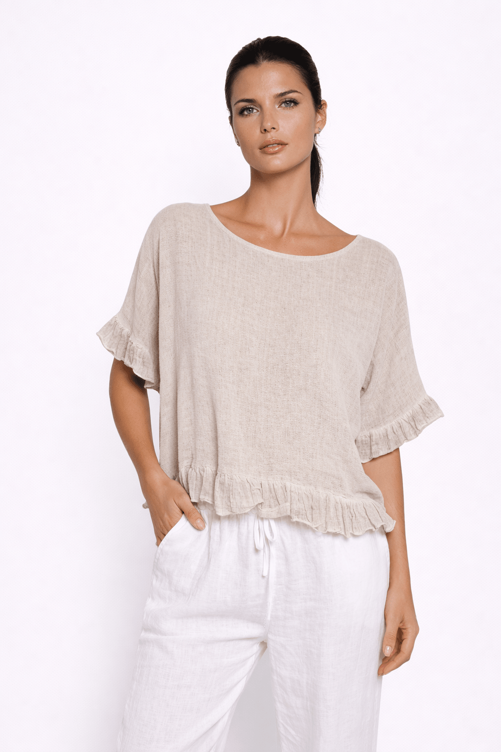 Lola Linen Top with ruffle detail - Must Boutique