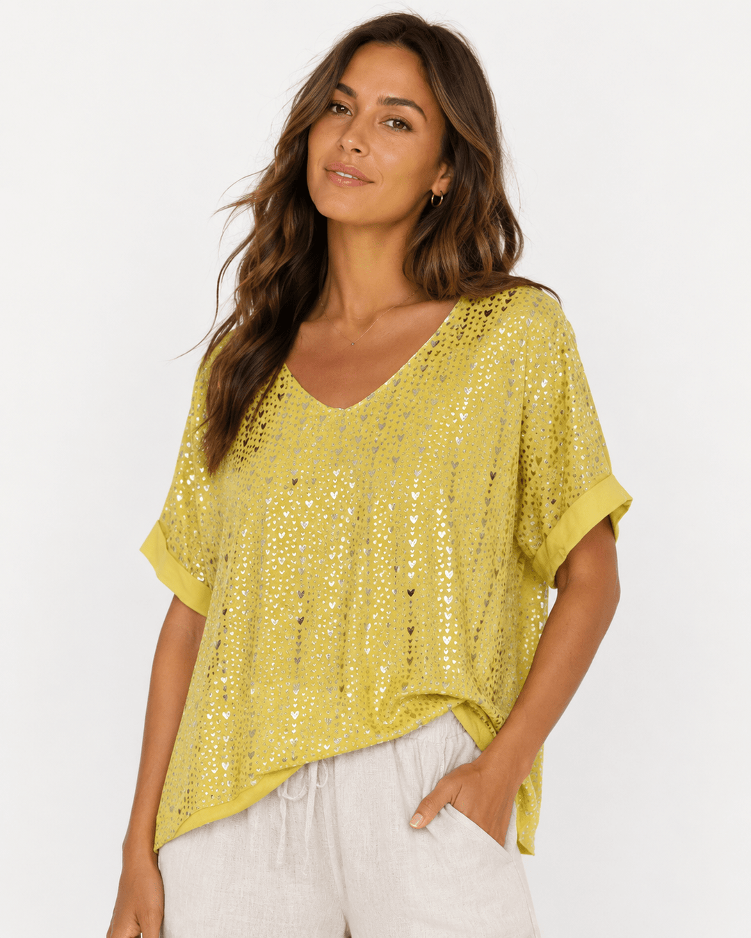 Mandy Silver Heart V-Neck Tee - Must Boutique