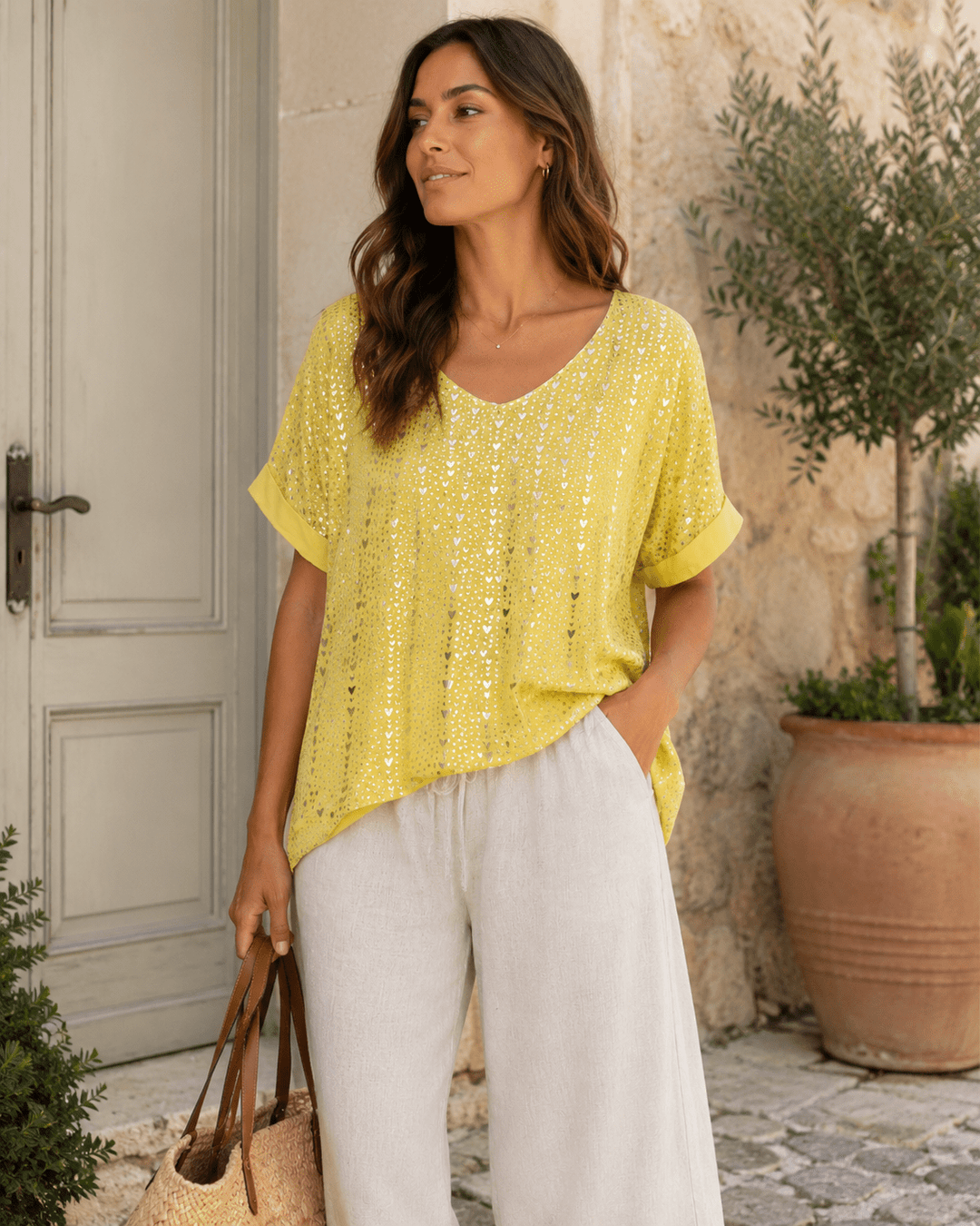 Mandy Silver Heart V-Neck Tee - Must Boutique