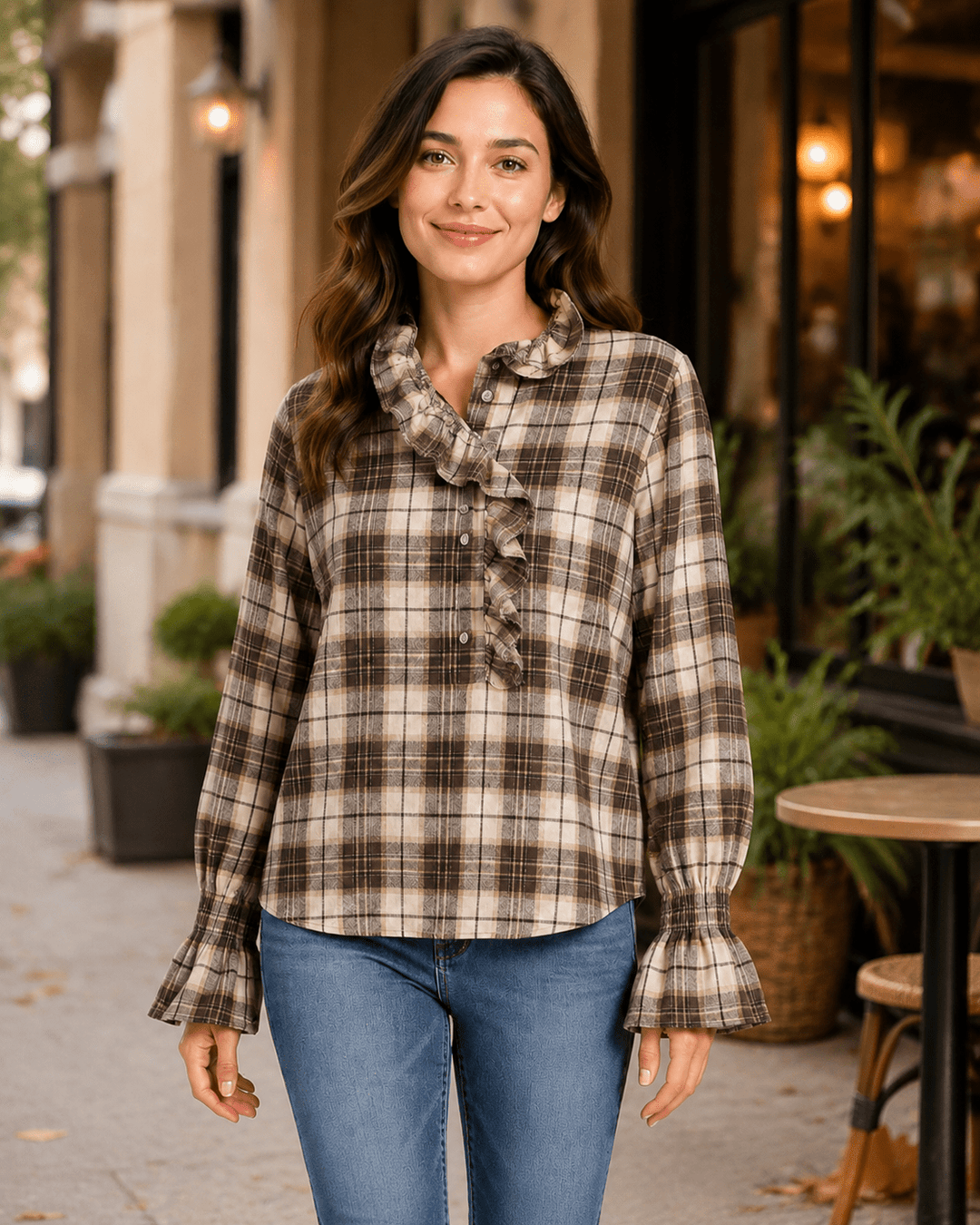 Ora Ruffle Collar Plaid Blouse - Must Boutique