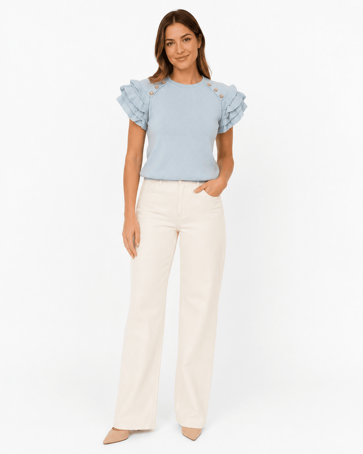 Pearl Button Ruffle Sleeve Knit Top - Must Boutique