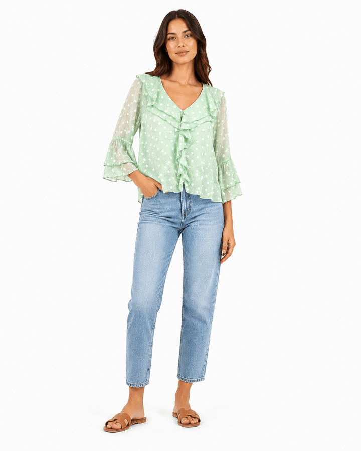 Ramie V - neck ruffle top - Must Boutique