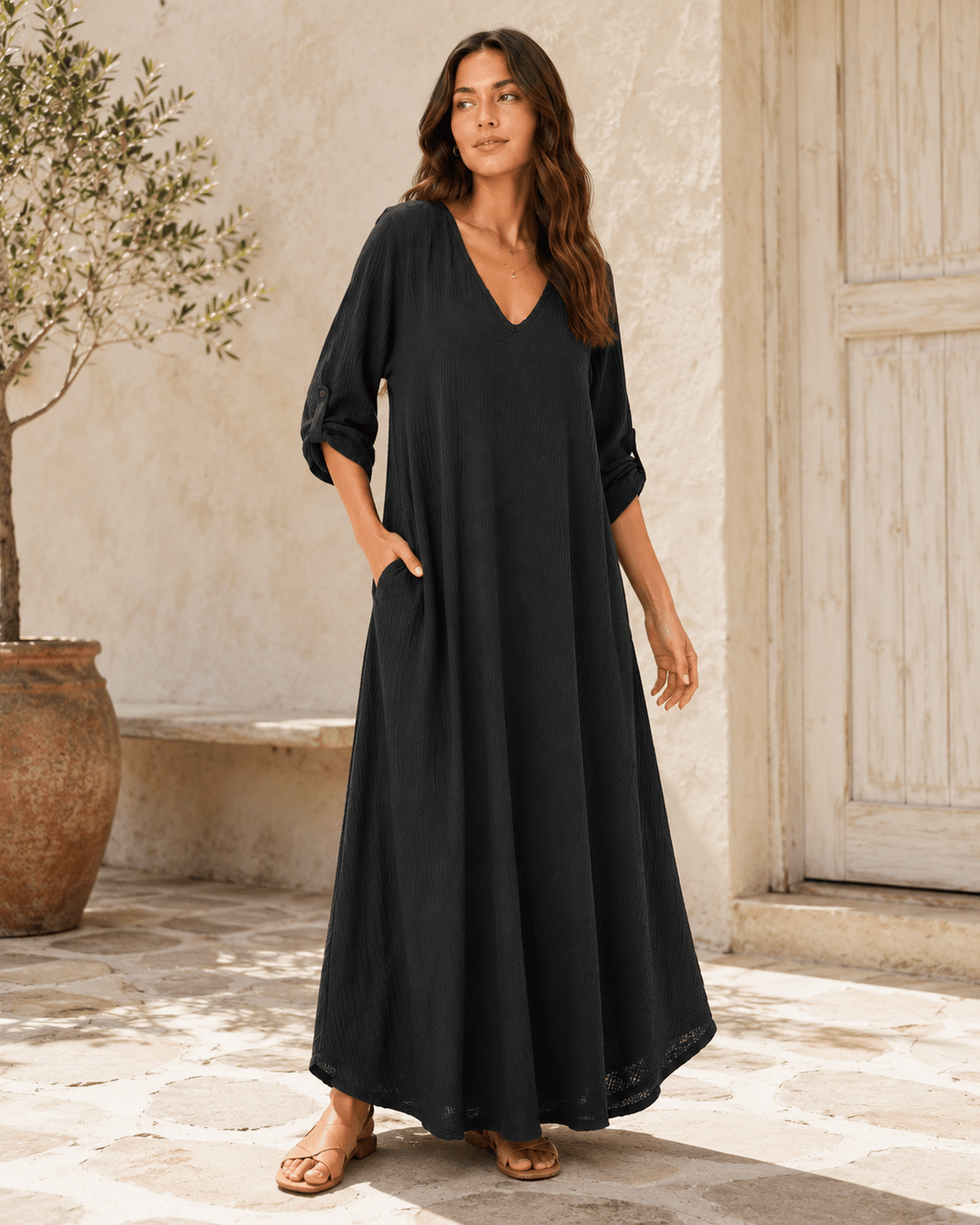 Sahara Roll - Tab Sleeve Muslin Maxi Dress - Must Boutique