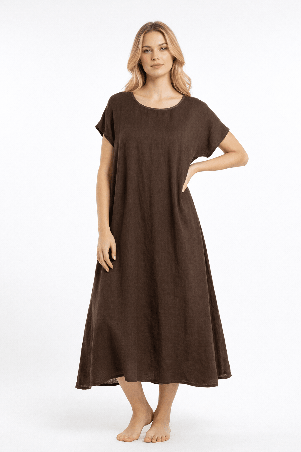 Short Sleeve Linen A - Line Dress – Chocolate Brown - Must Boutique
