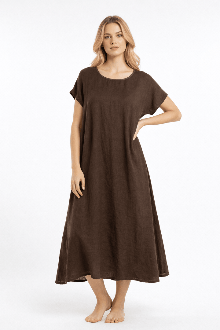 Short Sleeve Linen A - Line Dress – Chocolate Brown - Must Boutique