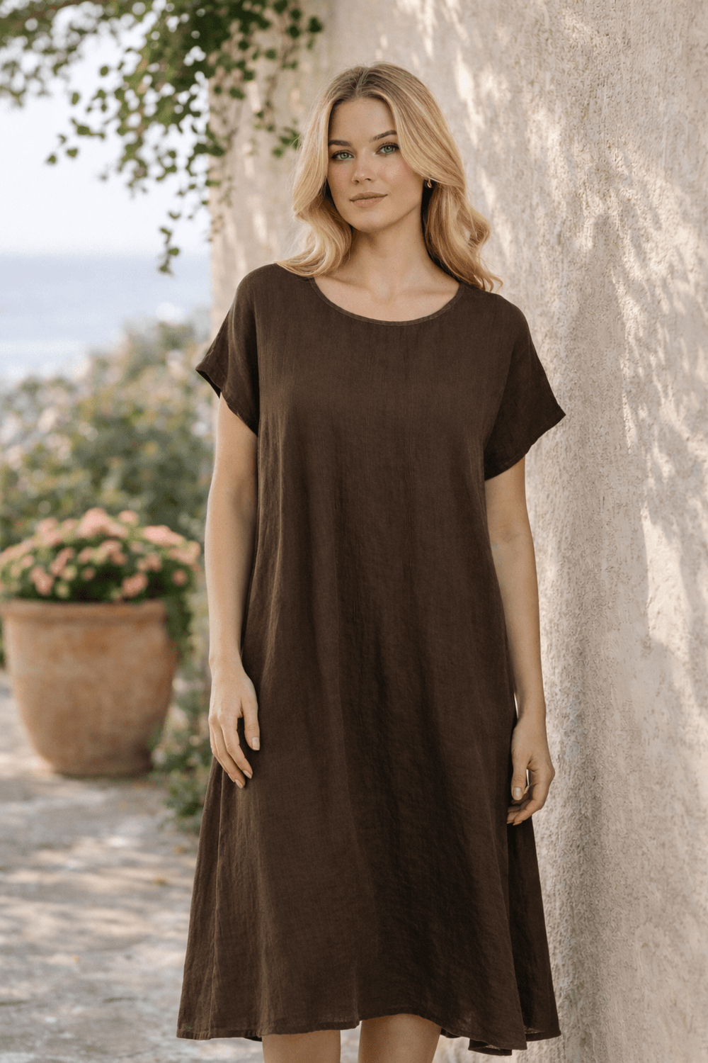 Short Sleeve Linen A - Line Dress – Chocolate Brown - Must Boutique